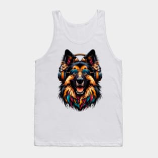 Grinning Bohemian Shepherd as Smiling DJ with Headphones Tank Top